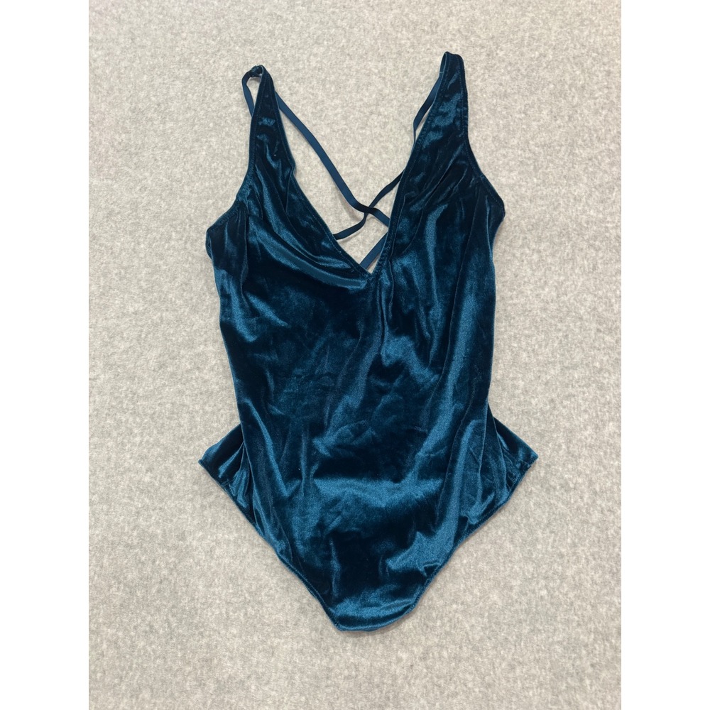 Gilligan & O'Malley Teal Blue Velvet Strappy Back Bodysuit Large V-Neck Lingerie